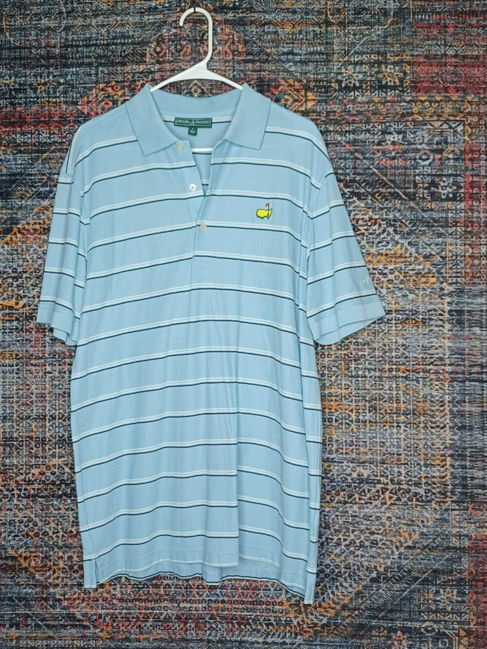 Masters Collection mens blue white black striped Augusta Pima golf polo L
